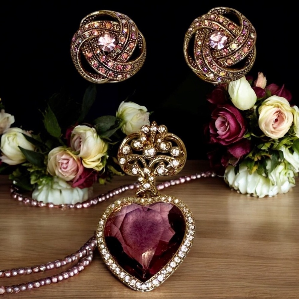 Vintage Clip Rhinestone Earrings, Glass Heart & Rhinestone Brooch